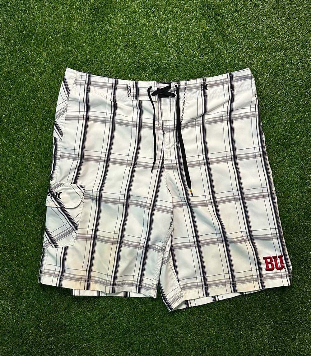 Y2K Hurley Men's White Black Plaid Flat Front Drawstring Board Shorts Swim Trunk